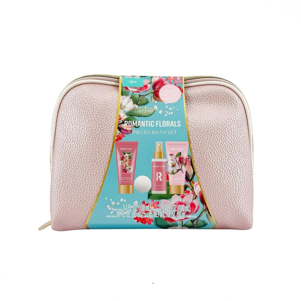 ROMANTIC FLORALS 5 PIECE BATH SET- LOTION, SHOWER GEL, SPRAY, BATH FIZZER & BAG